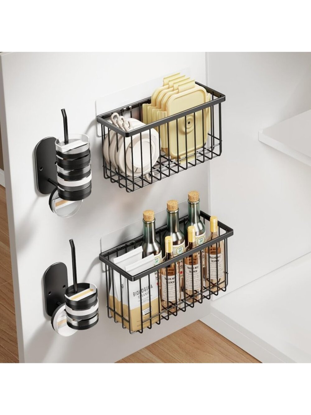 New Black 4 Pack Adhesive Cabinet Door Lid Organizer Wall Mount Basket Set